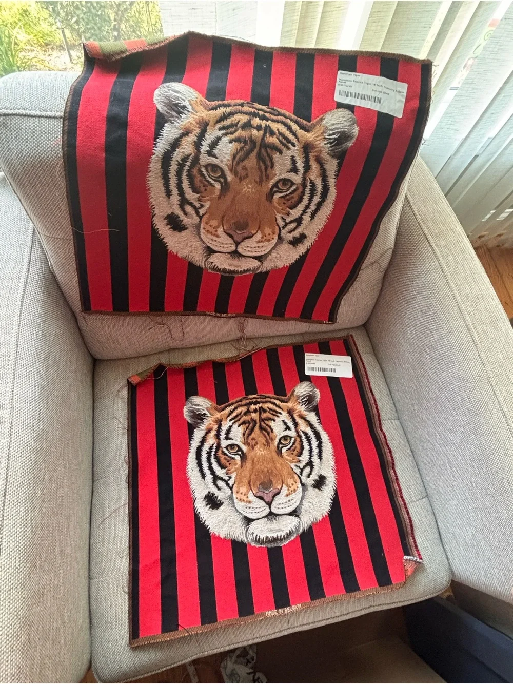 2 Decorative Tiger Face Throw Pillow Panels in Red and Black Stripe